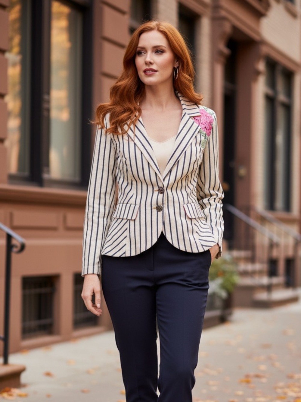 Derby Princess Striped Ivory Cotton Blazer with Pink Floral Embroidery, NWT